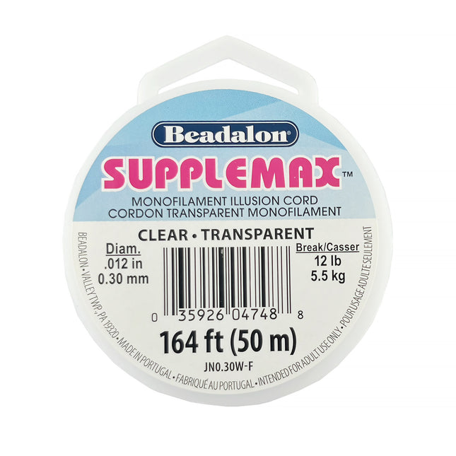 A spool of Beadalon SuppleMax clear monofilament cord, 164 feet (50 m) in length, 12 lb, shown on a plain white background.