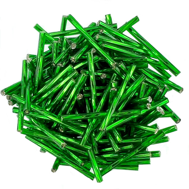 30mm Twisted Silver Lined Green Bugle Beads