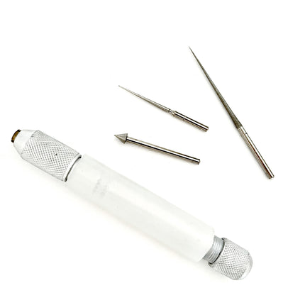 A white cylindrical rotary tool with silver metal chuck and three interchangeable diamond tipped reaming points, displayed on a clean white background.
