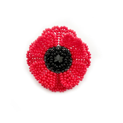 front view example of the beaded red poppy from the red poppy beading kit