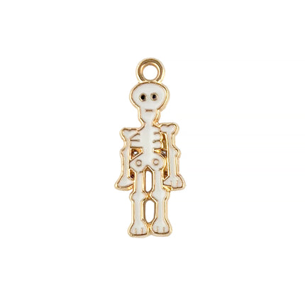 A small skeleton-shaped charm with a gold-tone outline and white enamel fill, shown on a plain white background.