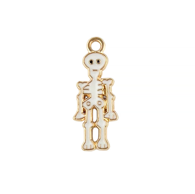 A small skeleton-shaped charm with a gold-tone outline and white enamel fill, shown on a plain white background.