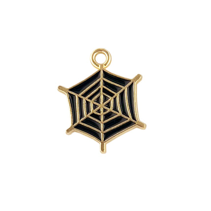 enamelled spider web charm enamelled in black with gold web detail
