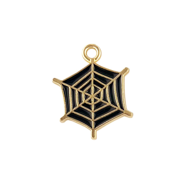 enamelled spider web charm enamelled in black with gold web detail