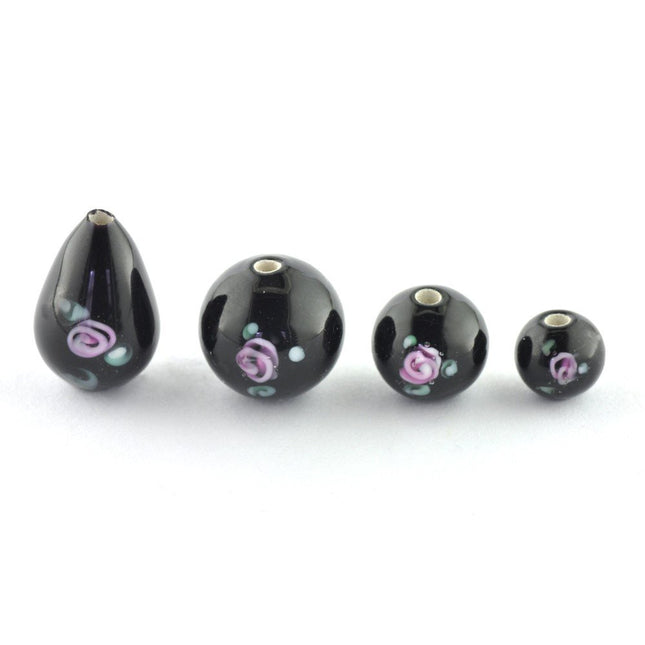 10mm Black Lampwork Czech Glass Flower Bead