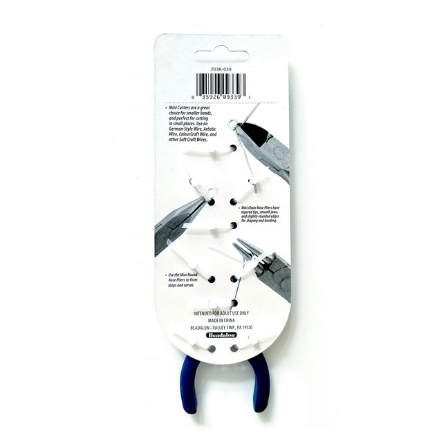 A packaged hand tool with blue handles and a white printed backing card showing usage instructions and a barcode, photographed on a plain white background.