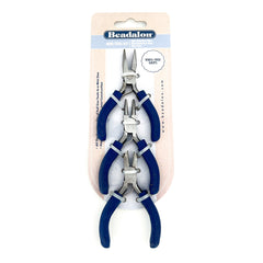 Beadalon Mini Tool Kit containing three pairs of jewelry pliers with blue handles and silver metal jaws, packaged on a cardboard backing.