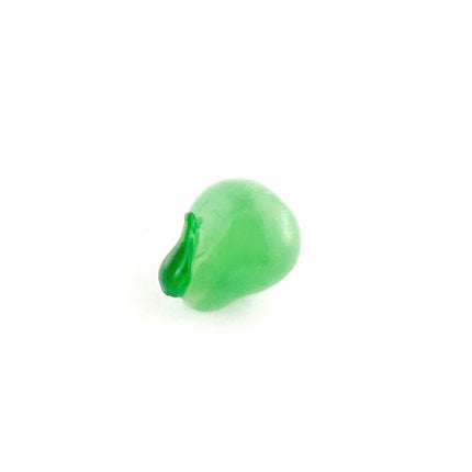 A single small translucent green pear bead, photographed on a plain white background.