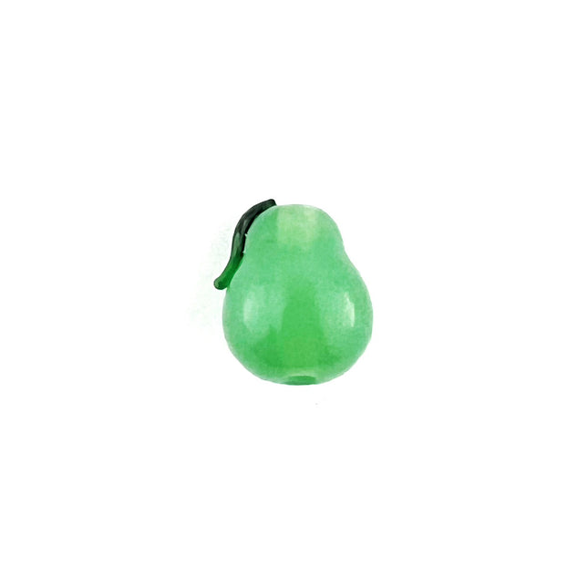 A small pear-shaped green bead with a dark green stem, shown on a plain white background.
