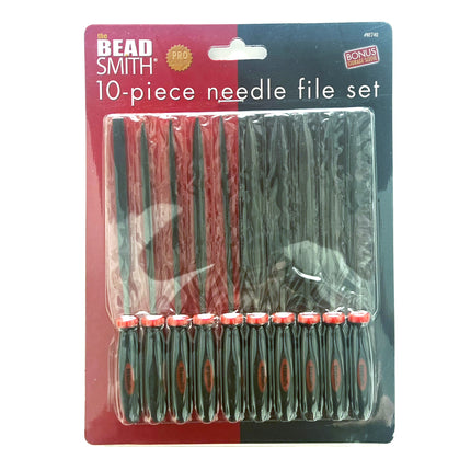 A 10-piece needle file set in retail packaging by Bead Smith, featuring black and red handles with metallic silver needles.