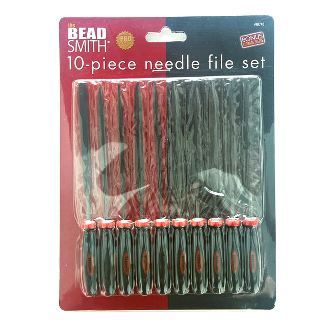 A 10-piece needle file set in retail packaging by Bead Smith, featuring black and red handles with metallic silver needles.