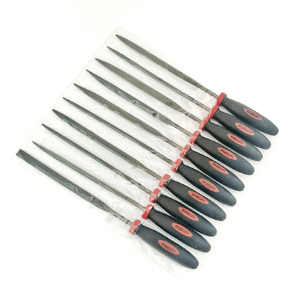 A set of ten metal file with black handles and red accents, packaged in a clear plastic sleeve on a white background.