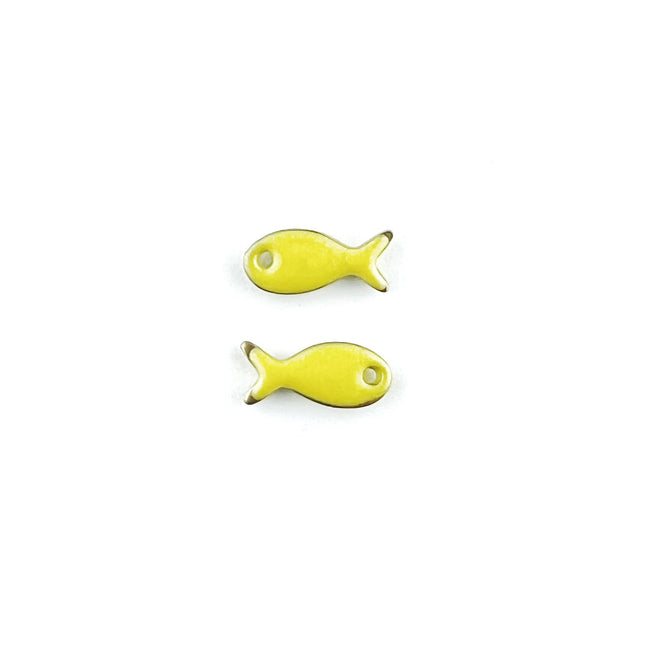 Two small yellow fish-shaped charms with a hole in each, displayed vertically on a plain white background.