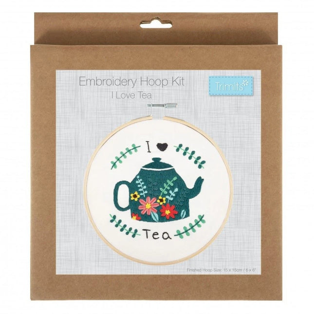 tea appreciation embroidery kit with a floral tea pot in the center with wording surrounding the design saying i love tea