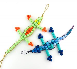 Beaded geckos; lizards made from seed beads