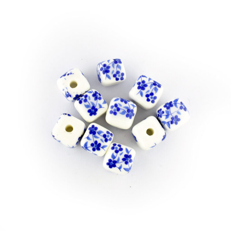 Floral Blue Ceramic Cube Beads - 10