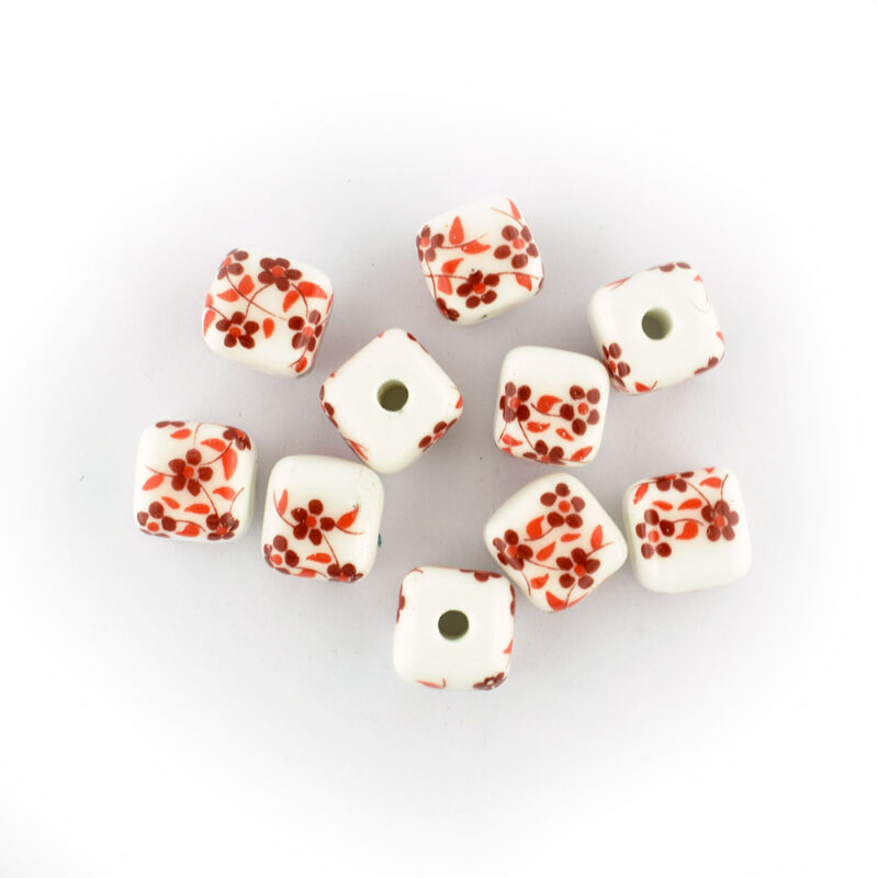 Floral Red Ceramic Cube Beads - 10