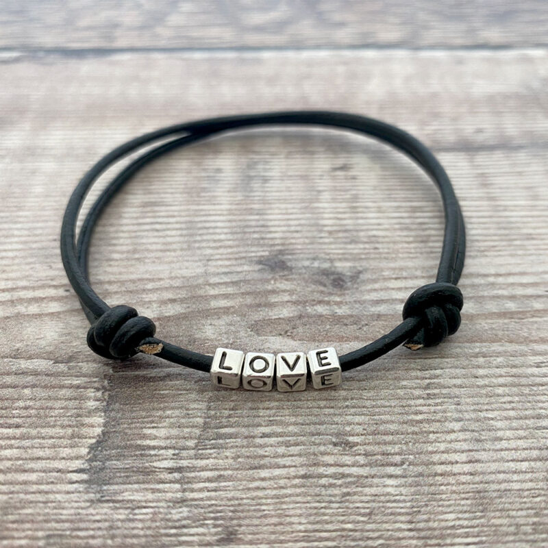 Metal Letter cube bead jewellery inspiration metal letters threaded onto 2mm black leather cord