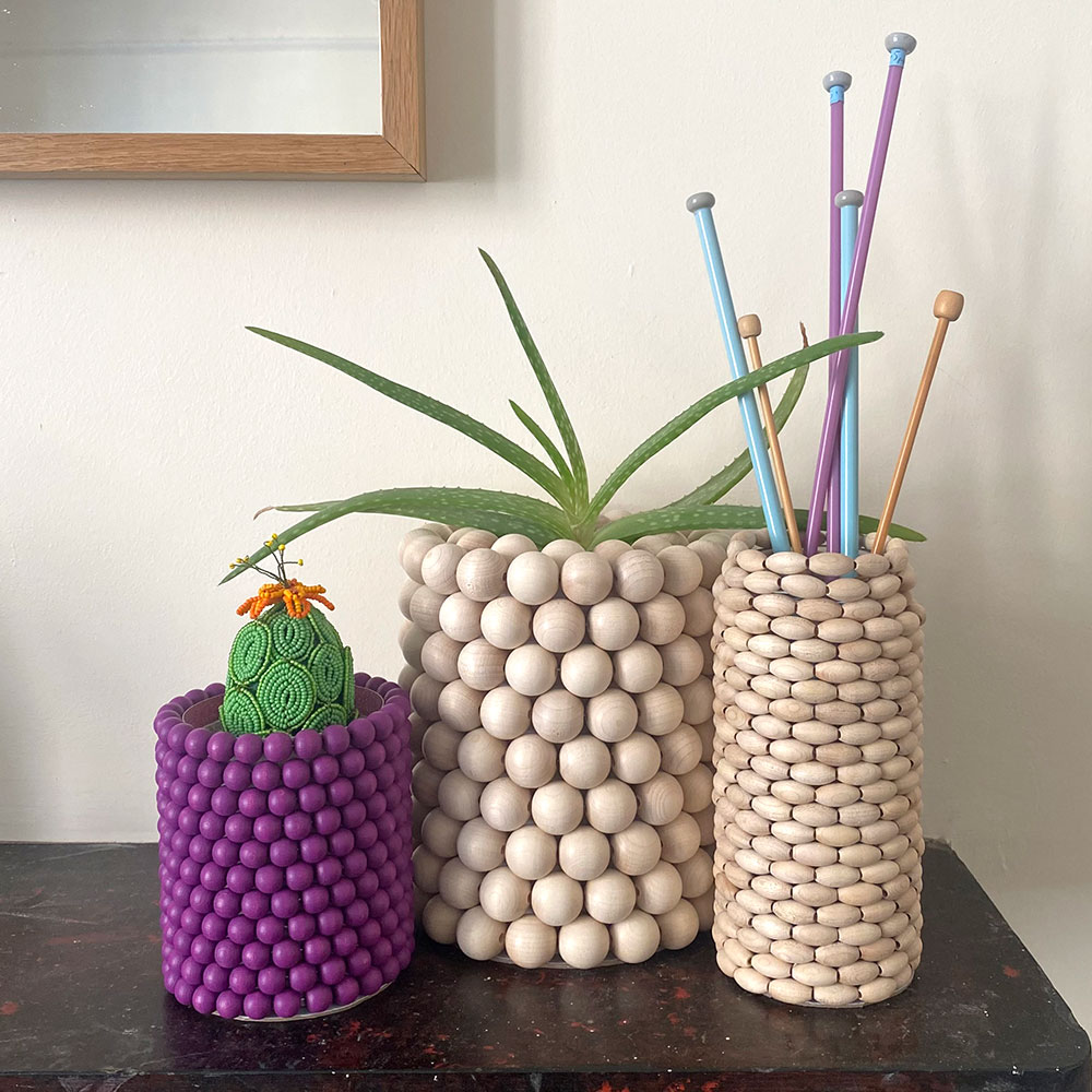 upcycled bead covered pots