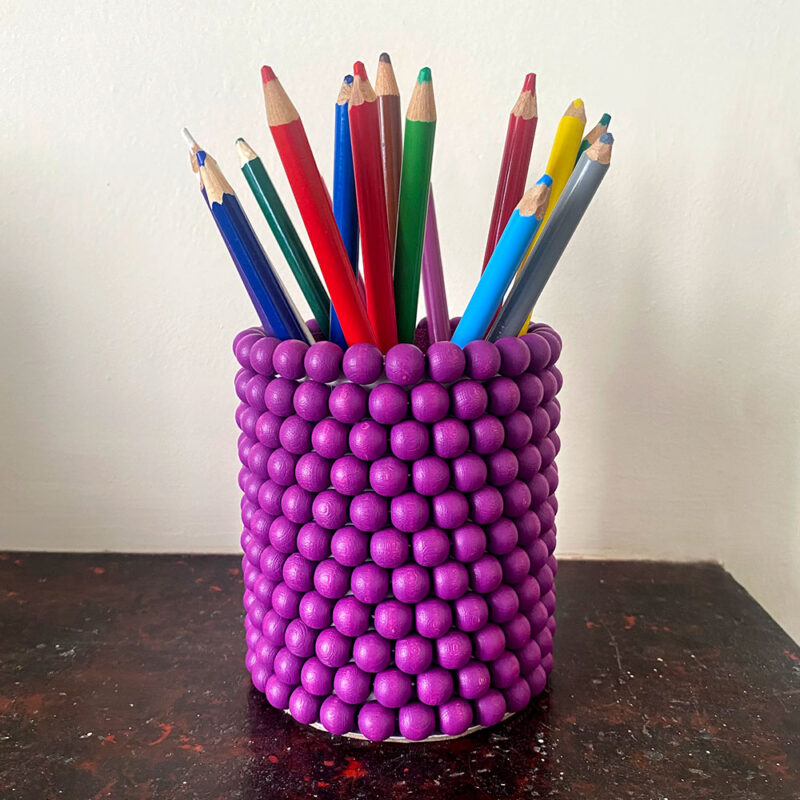 Make your own upcycled bead covered pots - purple wooden beads