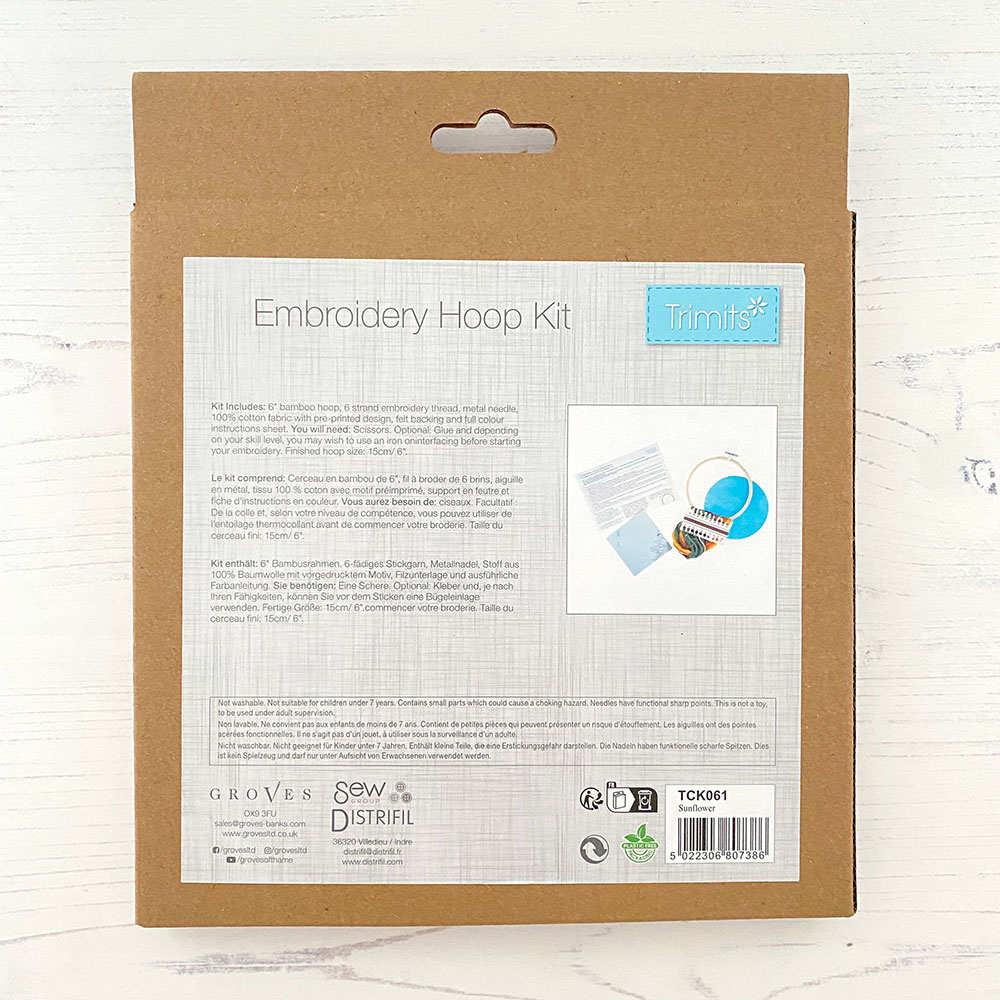 Trimits Sunflower Embroidery Hoop Kit back of box